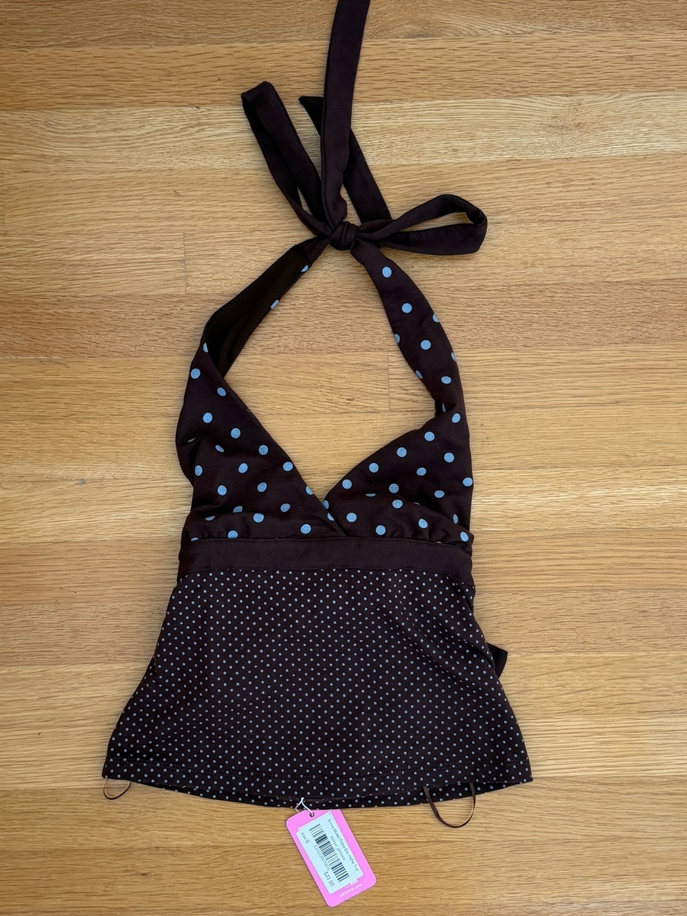 NWT! Edikted Ginny Brown Tank Halter Top with Light Blue Polka Dots